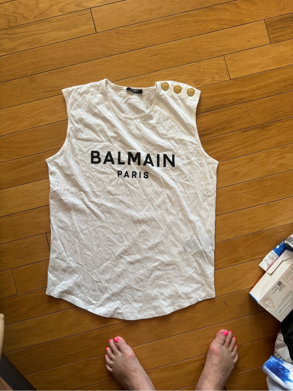 Balmain White Tank Top with Black Logo and Gold Buttons - Picture 7 of 7
